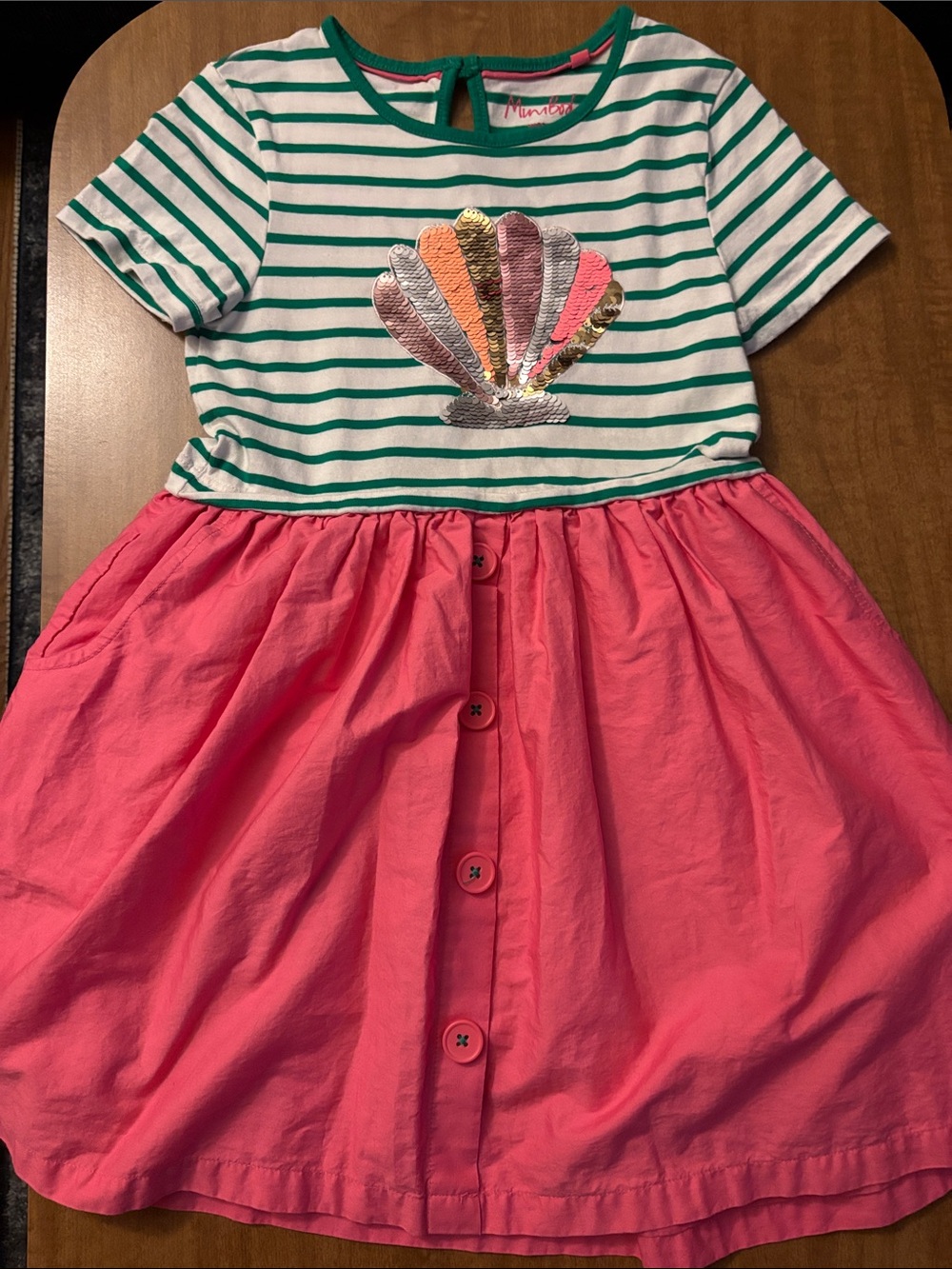 Mini Boden Green Striped Sequin Shell Dress with Pink Skirt
